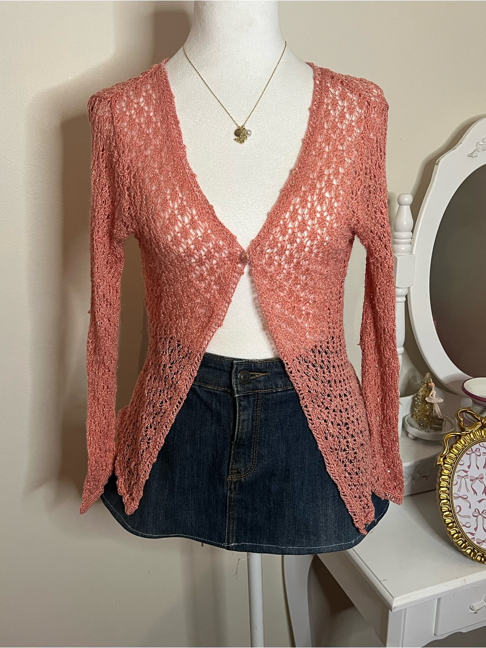 Open Crochet Knit Cardigan in Coral Pink